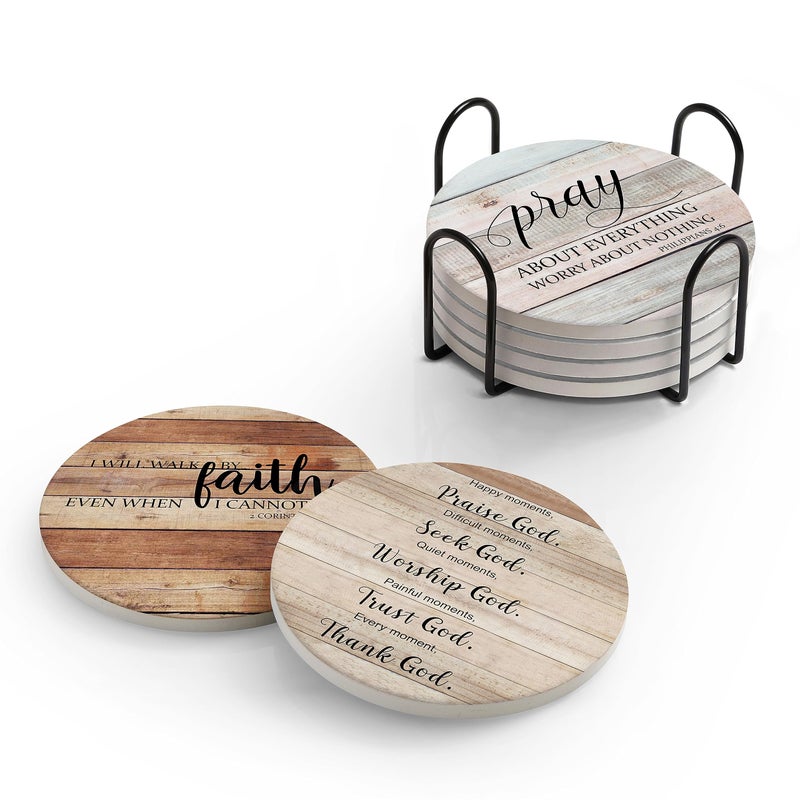 Hoomey Coasters for Drinks with Bible Verses Set of 6 Absorbent Drinks Coasters with Holder Ceramic Drink Coaster with Cork Backing for Table Protection Christian Coasters Christian Gifts
