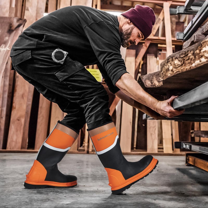 Hunthor Steel Toe Rubber Boots for Men, Safety Reflective Strips, Punctrue-Proof with Steel Shank, Waterproof, Insulated 6mm Neoprene Work Boots for Farming, Manufacturing, Construction (Black/Orange, Size 11) - Image 2