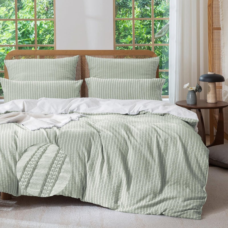 MILDLY Jacquard Stripe Duvet Cover - Sage Green 100% Washed Cotton Boho Textured Comforter Cover Set with Zipper Closure 90"x90" - Image 1
