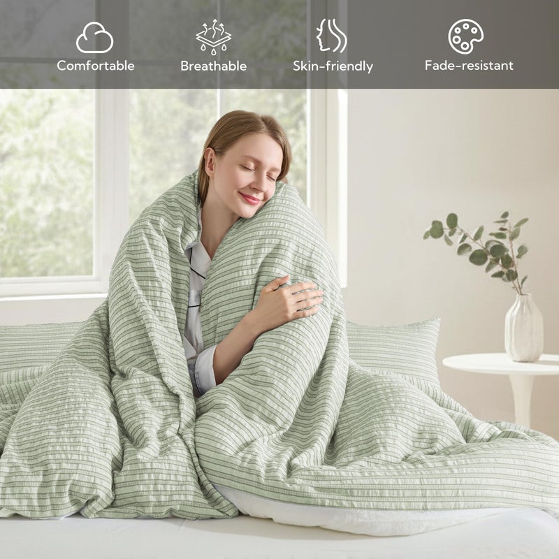 MILDLY Jacquard Stripe Duvet Cover - Sage Green 100% Washed Cotton Boho Textured Comforter Cover Set with Zipper Closure 90"x90" - Image 2