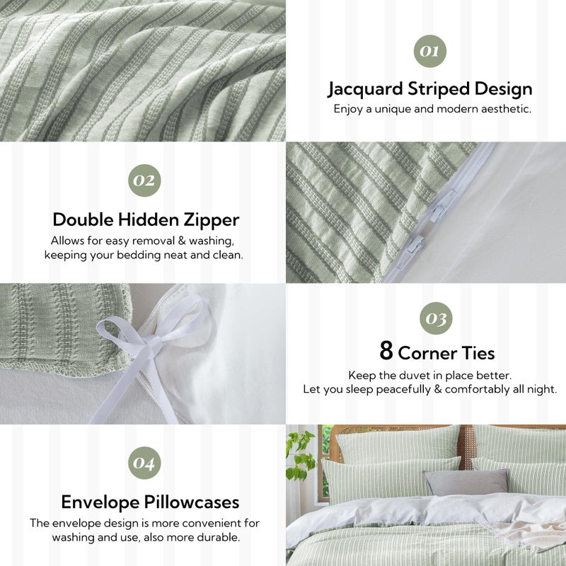 MILDLY Jacquard Stripe Duvet Cover - Sage Green 100% Washed Cotton Boho Textured Comforter Cover Set with Zipper Closure 90"x90" - Image 3