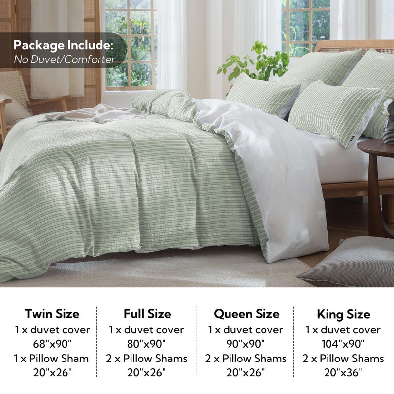 MILDLY Jacquard Stripe Duvet Cover - Sage Green 100% Washed Cotton Boho Textured Comforter Cover Set with Zipper Closure 90"x90" - Image 4