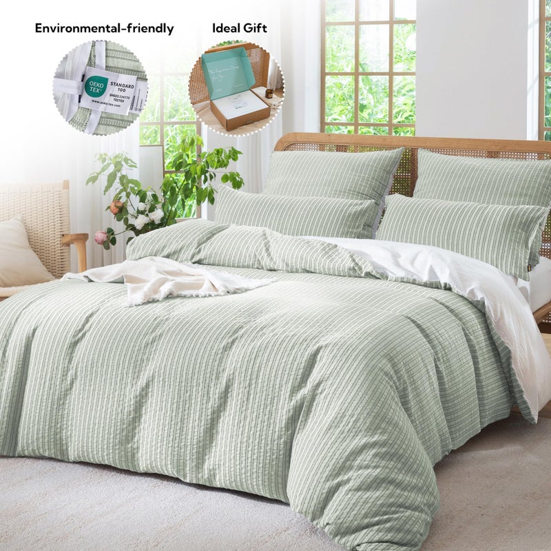 MILDLY Jacquard Stripe Duvet Cover - Sage Green 100% Washed Cotton Boho Textured Comforter Cover Set with Zipper Closure 90"x90" - Image 5
