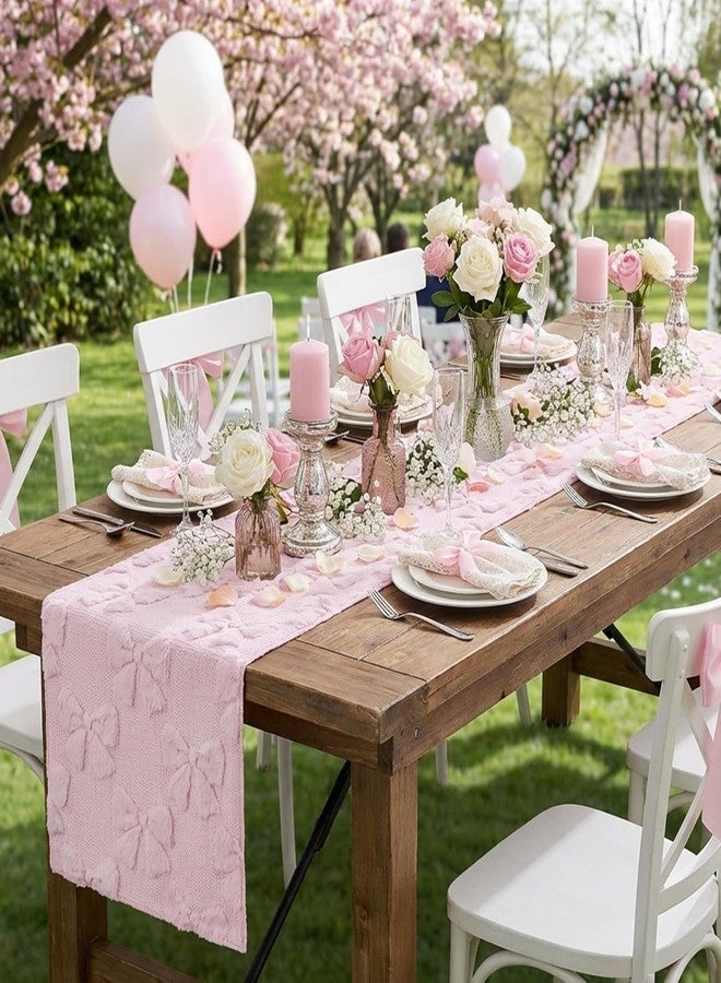 tiosggd Pink Bow Table Runner 72 Inches Long, Spring Summer Faux Fur Jacquard Coquette Table Decor for Spring, Wedding, Bridal Shower, Girls Birthday Party, Dresser Runners for Bedroom, Dining Room - Image 1
