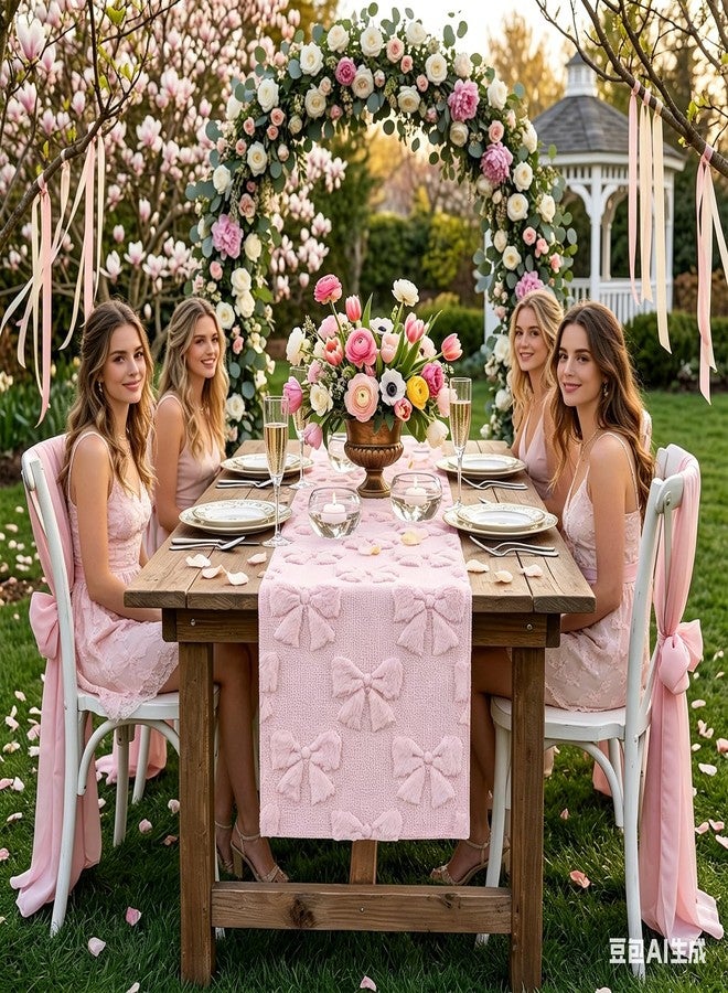 tiosggd Pink Bow Table Runner 72 Inches Long, Spring Summer Faux Fur Jacquard Coquette Table Decor for Spring, Wedding, Bridal Shower, Girls Birthday Party, Dresser Runners for Bedroom, Dining Room - Image 3