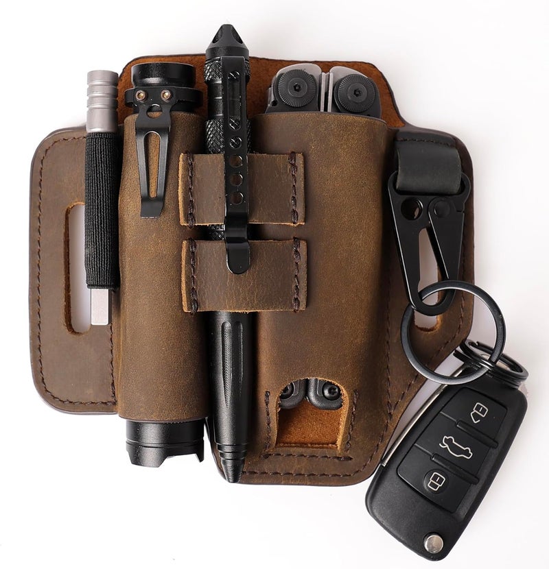 Gentlestache Multitool Leather Sheath for Belt, EDC Organizer, Multitool Pouch,Leather EDC Sheath with Elastic Band Pen Holder, Flashlight Holder and Keychain Clip, Practical Belt Pouch for EDC Gears - Image 1