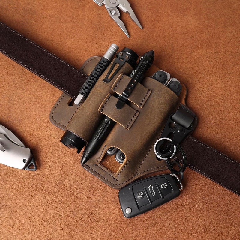 Gentlestache Multitool Leather Sheath for Belt, EDC Organizer, Multitool Pouch,Leather EDC Sheath with Elastic Band Pen Holder, Flashlight Holder and Keychain Clip, Practical Belt Pouch for EDC Gears - Image 2
