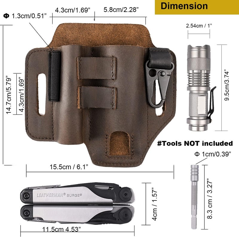 Gentlestache Multitool Leather Sheath for Belt, EDC Organizer, Multitool Pouch,Leather EDC Sheath with Elastic Band Pen Holder, Flashlight Holder and Keychain Clip, Practical Belt Pouch for EDC Gears - Image 4