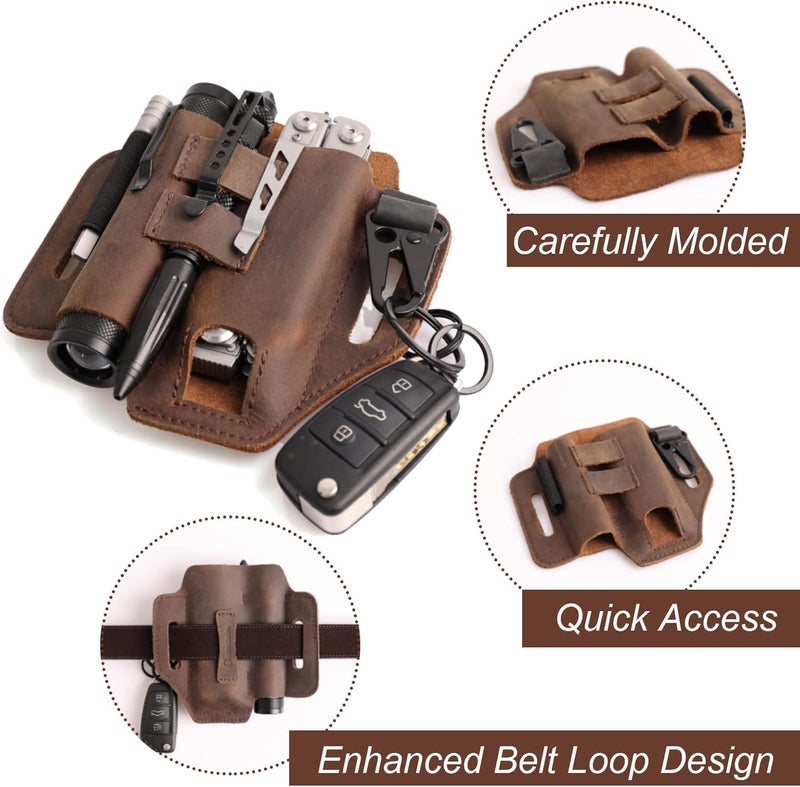 Gentlestache Multitool Leather Sheath for Belt, EDC Organizer, Multitool Pouch,Leather EDC Sheath with Elastic Band Pen Holder, Flashlight Holder and Keychain Clip, Practical Belt Pouch for EDC Gears - Image 3
