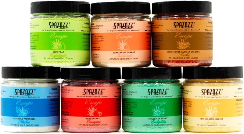 Hot Tub  Spa Bath Salt Aromatherapy Crystals  Spazazz Escape Collection 4 Oz 7Pack Sampler  Hot Cold Towel  Lavender Lime Coconut Green Tea Vanilla Jasmine Kiwi Pear Grapefruit Pomegranate