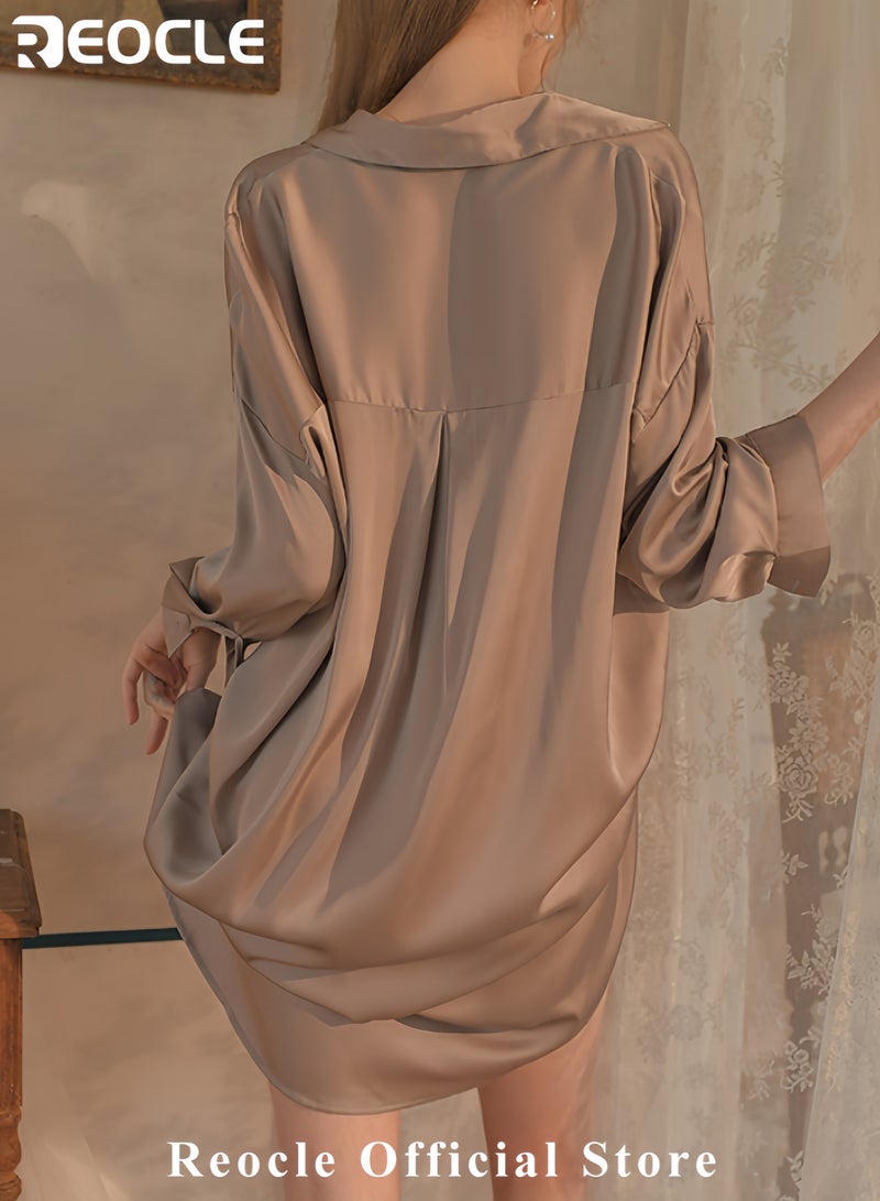 ريوكل قمصان نوم نسائية من الساتان، قمصان نوم حريرية، قمصان نوم بأزرار، أكمام طويلة، رقبة على شكل حرف V، قمصان نوم - Image 5