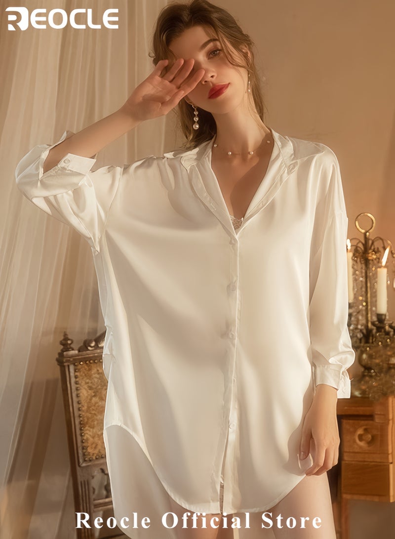 ريوكل قمصان نوم نسائية من الساتان، قمصان نوم حريرية، قمصان نوم بأزرار، أكمام طويلة، رقبة على شكل حرف V، قمصان نوم - Image 4