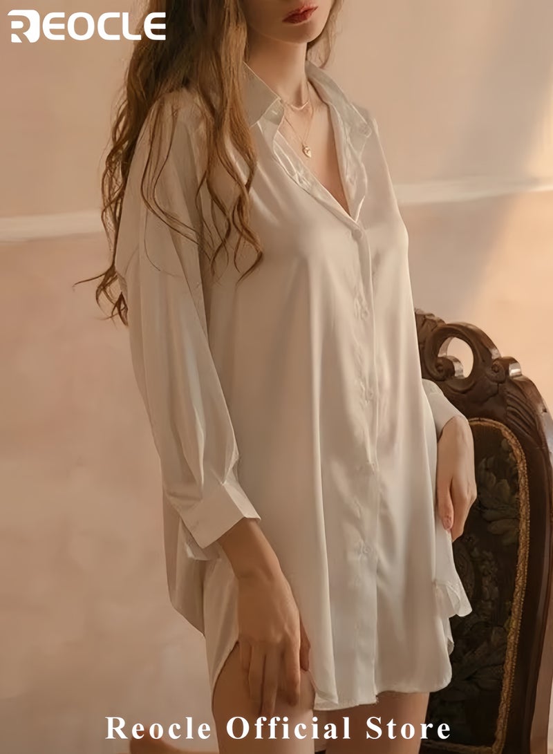 ريوكل قمصان نوم نسائية من الساتان، قمصان نوم حريرية، قمصان نوم بأزرار، أكمام طويلة، رقبة على شكل حرف V، قمصان نوم - Image 2