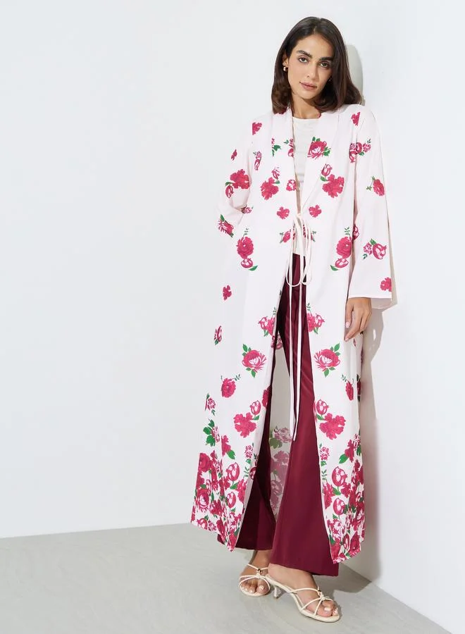 Multi-Color Floral Print Tie Up Abaya