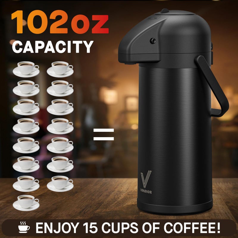 Vondior Airpot Coffee Carafe for Keeping Hot - 102 OZ/ 3.0L Coffee Dispenser with Pump - Insulated Stainless Steel thermal carafe for Hot Drinks Water Tea Chocolate - Hot Beverage Dispenser for Parties - Image 5