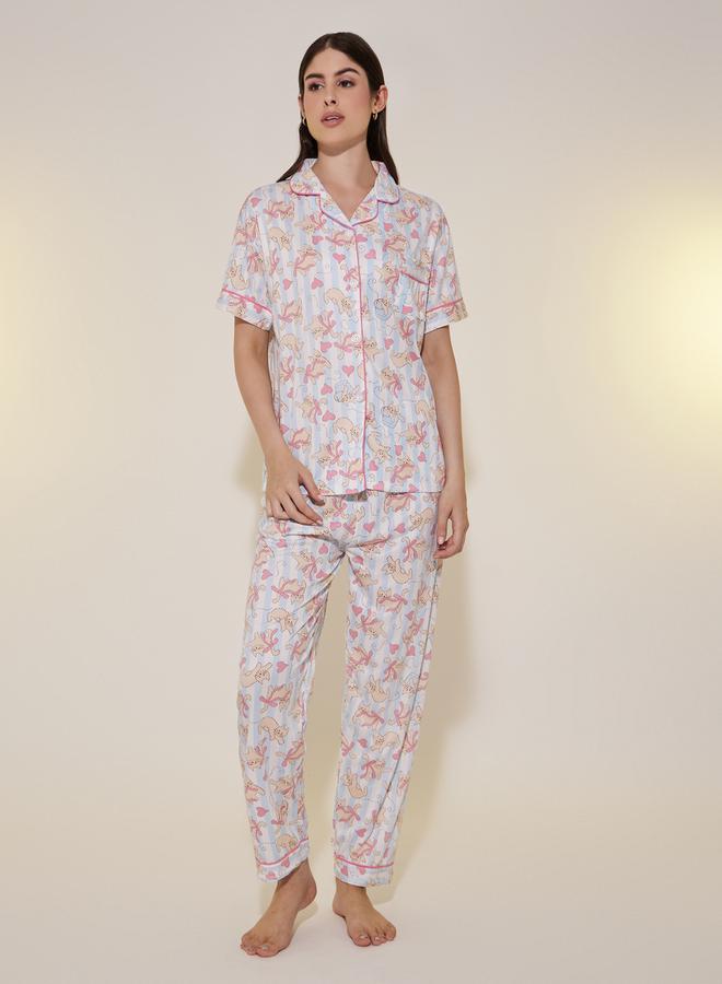 Take Two Cat Printed Short Sleeve Shirt, Shorts and Pyjama Set - Image 1