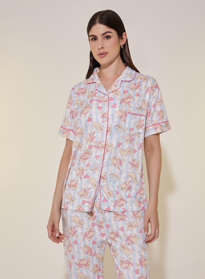 Take Two Cat Printed Short Sleeve Shirt, Shorts and Pyjama Set - Image 3