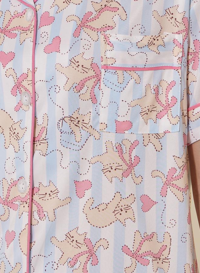 Take Two Cat Printed Short Sleeve Shirt, Shorts and Pyjama Set - Image 4