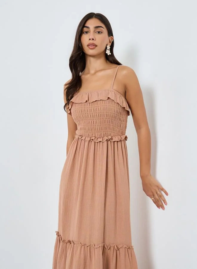 Take Two Take Two Beige Maxi Dress with Ruffle Detail