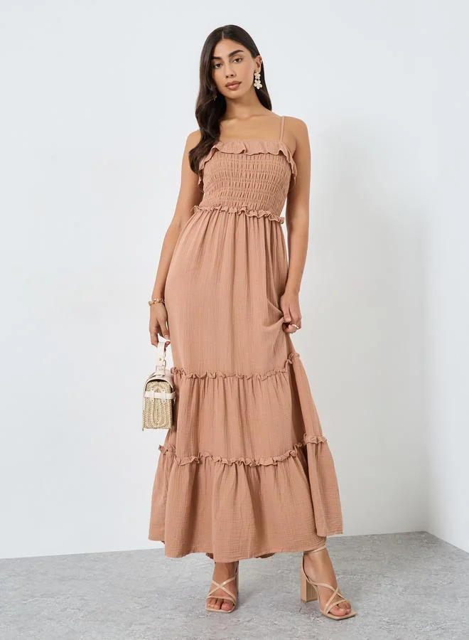 Take Two Take Two Beige Maxi Dress with Ruffle Detail