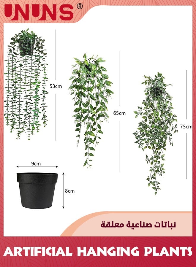 UNUNS Artificial Hanging Plants,3 Pack Fake Hanging Plants With Pots,Fake Potted Greenery Plants Faux Eucalyptus Vine,Mandala Vine In Pot For Home Room Indoor Outdoor Wall Garden Shelf Decor - Image 3