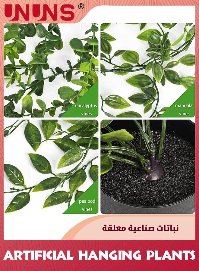 UNUNS Artificial Hanging Plants,3 Pack Fake Hanging Plants With Pots,Fake Potted Greenery Plants Faux Eucalyptus Vine,Mandala Vine In Pot For Home Room Indoor Outdoor Wall Garden Shelf Decor - Image 2