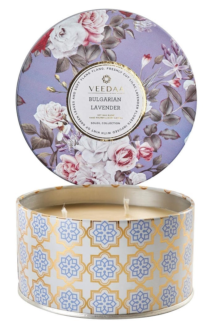 Soy Wax Blend Essential Oils Bulgarian Lavender 3 Wick Metallic Tin Soy Scented Candle Burns 40 Hours