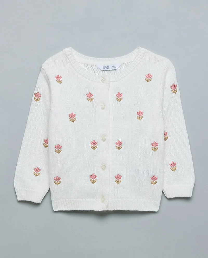 أر أند بي Embroidered Cardigan With Button Closure