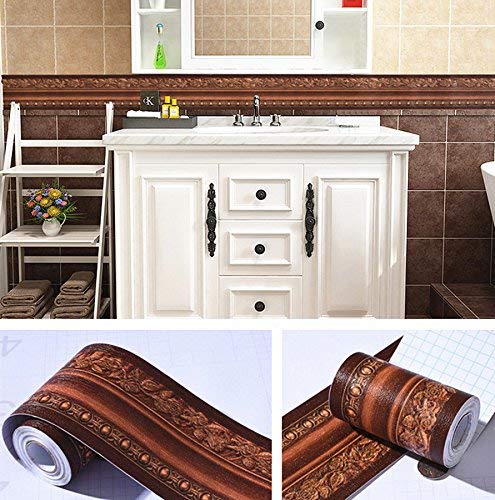 UPREDO 3D Decorative Floral Molding Waterproof Wallpaper Border Peel and Stick for Bathroom Kitchen Counter Top Backsplash Tiles Sticker,4 Inch by 16.4Ft (Dark Brown) - Image 4