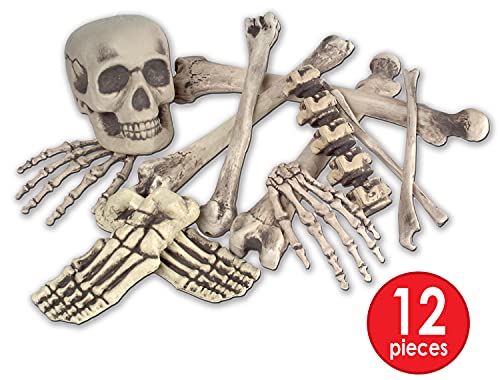 Beistle Skeleton Decoration Bone Décor Beistle 12 Piece Plastic Novelty Skeleton Bones and Skull Horror Haunted House Prop Decorations Spooky Halloween Party Supplies, 6"-16", Off White/Gray - Image 2