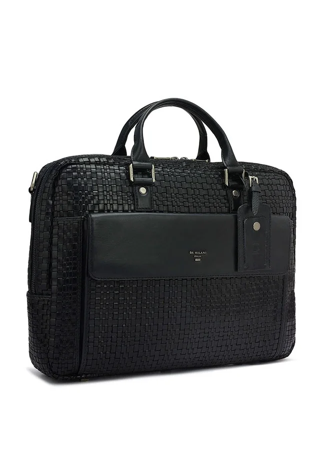 دا ميلانو حقيبة لابتوب جلدية سوداء بحزام كتف قابل للتعديل