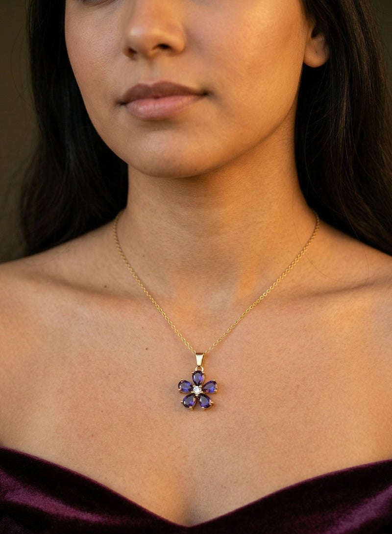 Shein Purple Amethyst Flower Crystal Necklace 18K Gold Plated — Deep Violet Pear Cut Floral Pendant — Luxury Women Jewelry Gift — Birthday Engagement Graduation — Dark Purple Crystal Necklace for Ladies - Image 2
