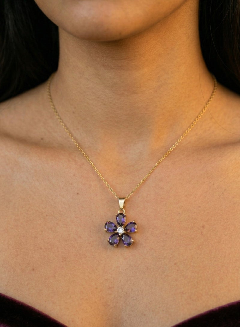 Shein Purple Amethyst Flower Crystal Necklace 18K Gold Plated — Deep Violet Pear Cut Floral Pendant — Luxury Women Jewelry Gift — Birthday Engagement Graduation — Dark Purple Crystal Necklace for Ladies - Image 3