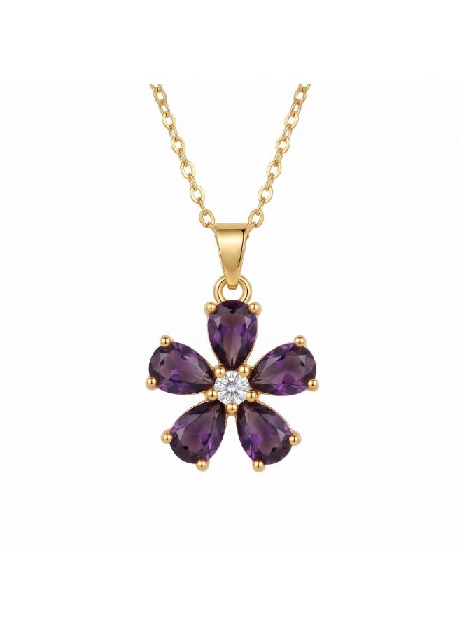 Shein Purple Amethyst Flower Crystal Necklace 18K Gold Plated — Deep Violet Pear Cut Floral Pendant — Luxury Women Jewelry Gift — Birthday Engagement Graduation — Dark Purple Crystal Necklace for Ladies - Image 1