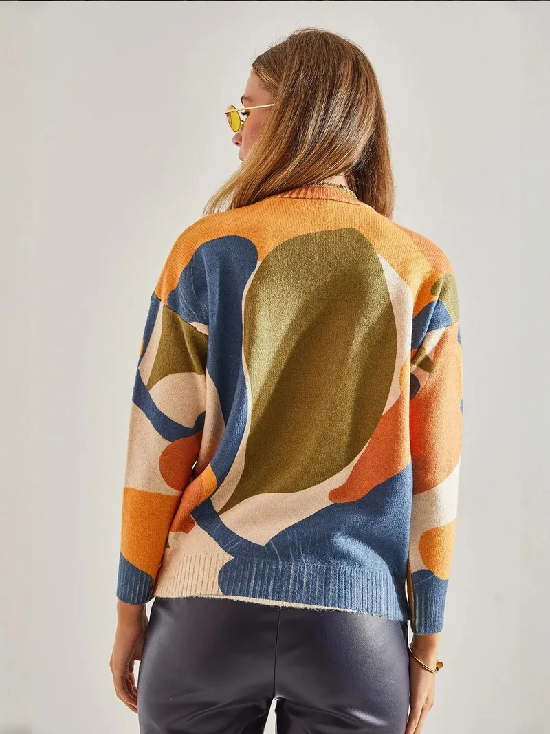 Bianco Lucci LUCCI Pattern Knit Sweater with Crew Neck