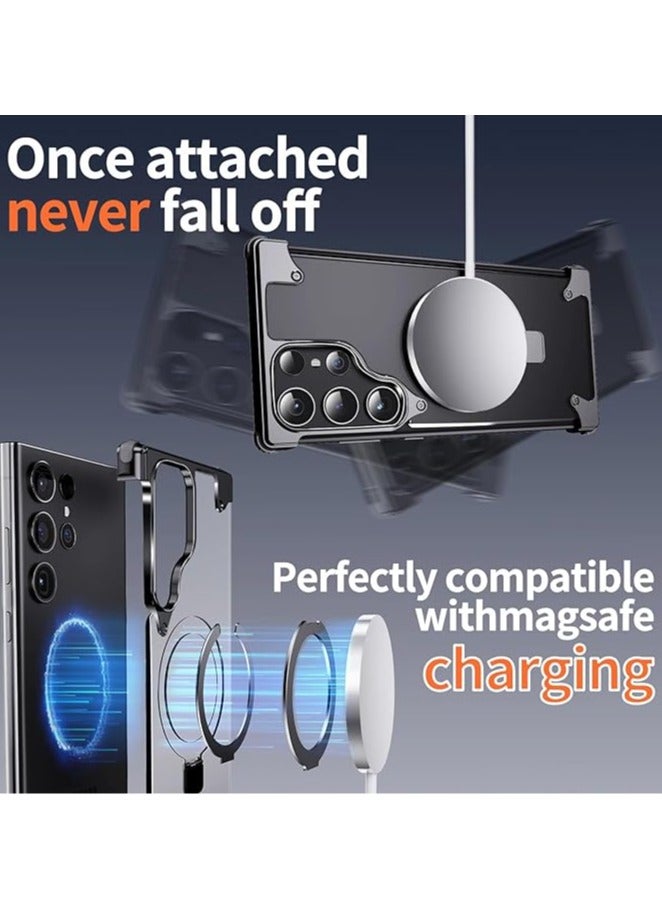 عام حالة هاتف معدنية بدون إطار متوافقة مع Samsung Galaxy S24 Ultra وتدعم MagSafe مع منصة مغناطيسية من الجلد. - Image 3