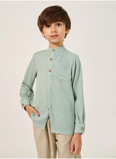 Styli Plain Mandarin Collared Shirt with Pocket  - Image 1