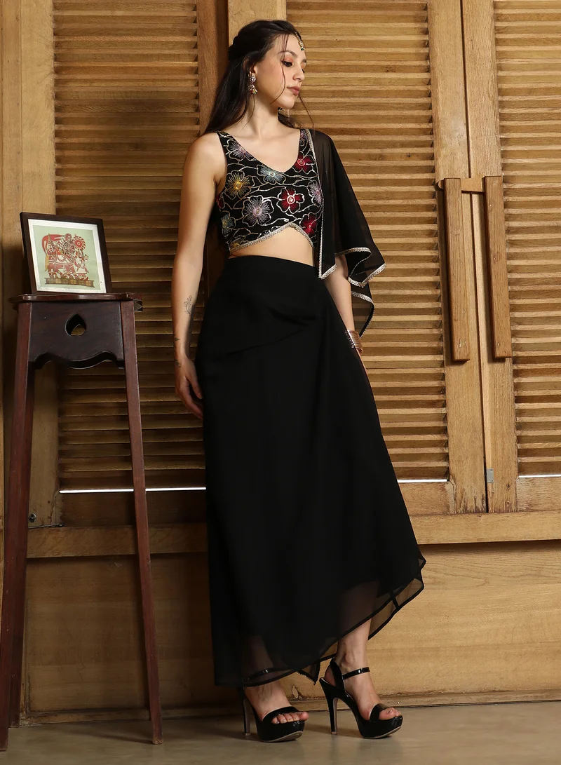 QISSA Women's Onyx Black Periwinkle Pre-Draped Saree For Casual Wear | V-Neck | Sleeveless | 2 Piece Pre-Draped Saree Designed With Comfort Fit For Everyday Ethnic Wear