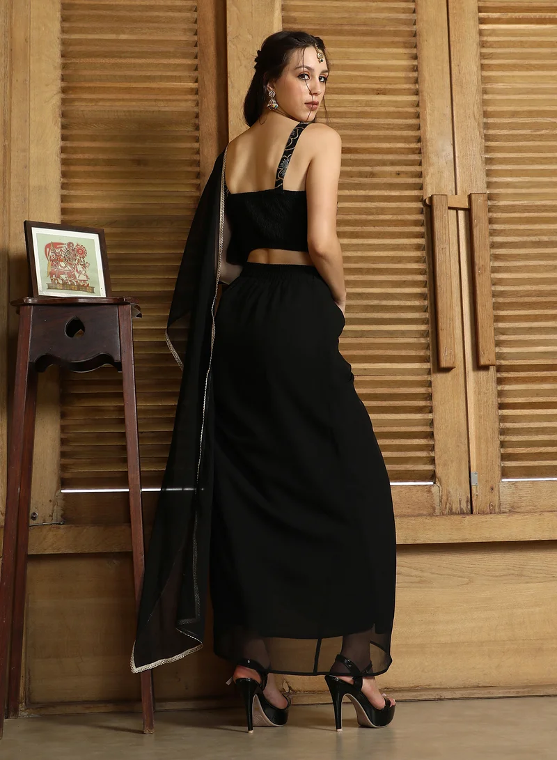 QISSA Women's Onyx Black Periwinkle Pre-Draped Saree For Casual Wear | V-Neck | Sleeveless | 2 Piece Pre-Draped Saree Designed With Comfort Fit For Everyday Ethnic Wear