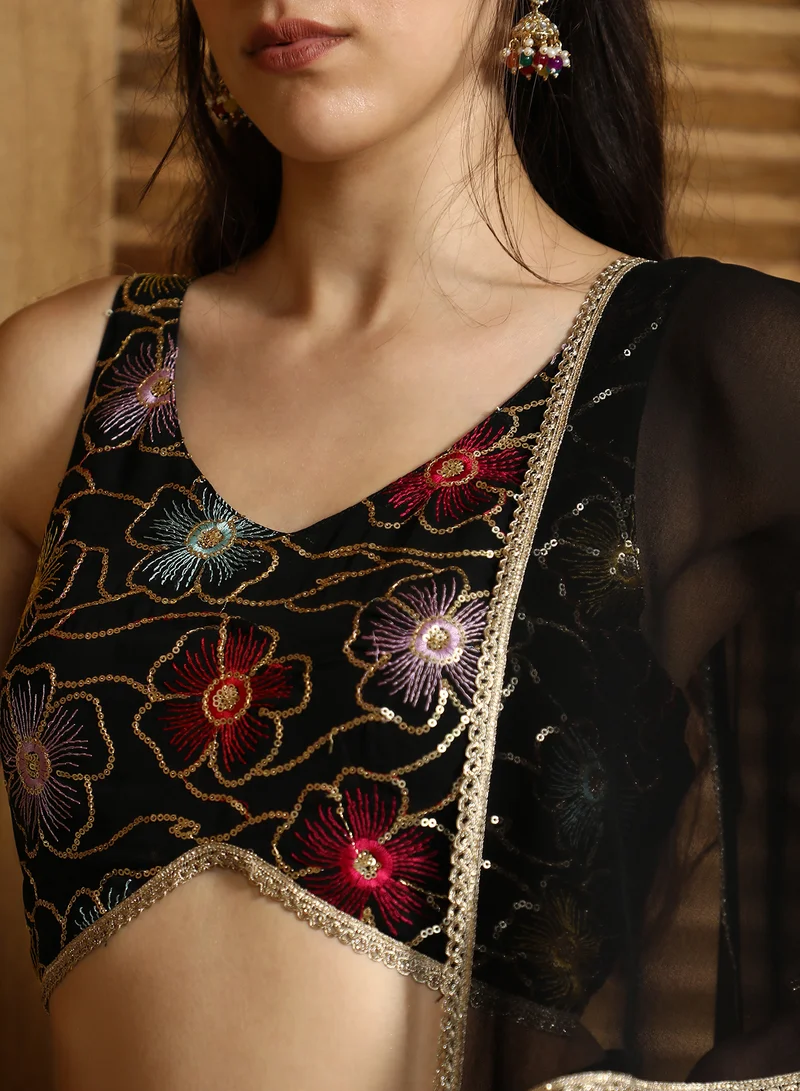 QISSA Women's Onyx Black Periwinkle Pre-Draped Saree For Casual Wear | V-Neck | Sleeveless | 2 Piece Pre-Draped Saree Designed With Comfort Fit For Everyday Ethnic Wear