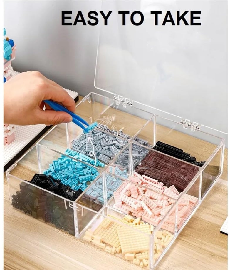 MosQuick® Set of 2 Transparent 6 grid acrylic partition boxes for storage with lid Blocks storage box toys storage box toy organiser plastic box for jewellery storage organizer box stationery box - Image 2