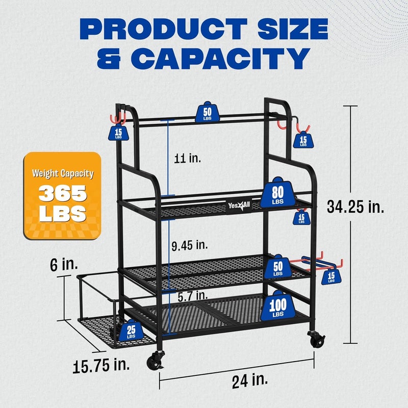 Yes4All Yes4All Dumbbell Rack Weight Rack for Home Gym Sports Equipment Organizer for Dumbbells Kettlebells Yoga Mat Foam Roller and Balls All in One Gym Workout Storage with Wheels and Hooks Black - Image 2