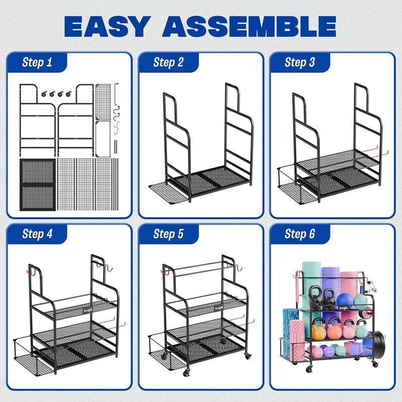 Yes4All Yes4All Dumbbell Rack Weight Rack for Home Gym Sports Equipment Organizer for Dumbbells Kettlebells Yoga Mat Foam Roller and Balls All in One Gym Workout Storage with Wheels and Hooks Black - Image 5