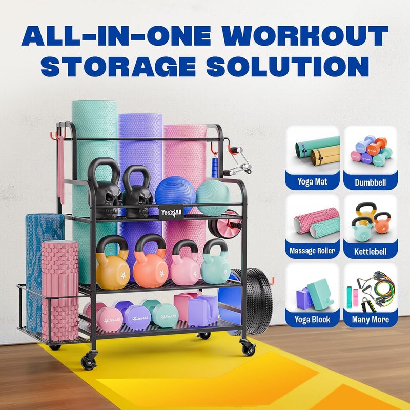 Yes4All Yes4All Dumbbell Rack Weight Rack for Home Gym Sports Equipment Organizer for Dumbbells Kettlebells Yoga Mat Foam Roller and Balls All in One Gym Workout Storage with Wheels and Hooks Black - Image 4