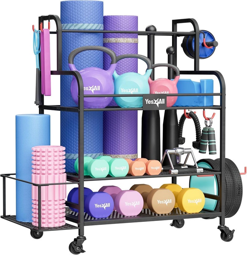 Yes4All Yes4All Dumbbell Rack Weight Rack for Home Gym Sports Equipment Organizer for Dumbbells Kettlebells Yoga Mat Foam Roller and Balls All in One Gym Workout Storage with Wheels and Hooks Black - Image 1
