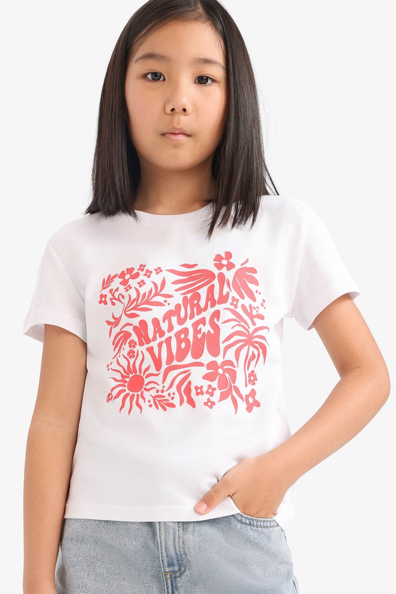 ديفاكتو تيشيرت بناتي نص كم مطبوع وياقة مستديرة - Image 1