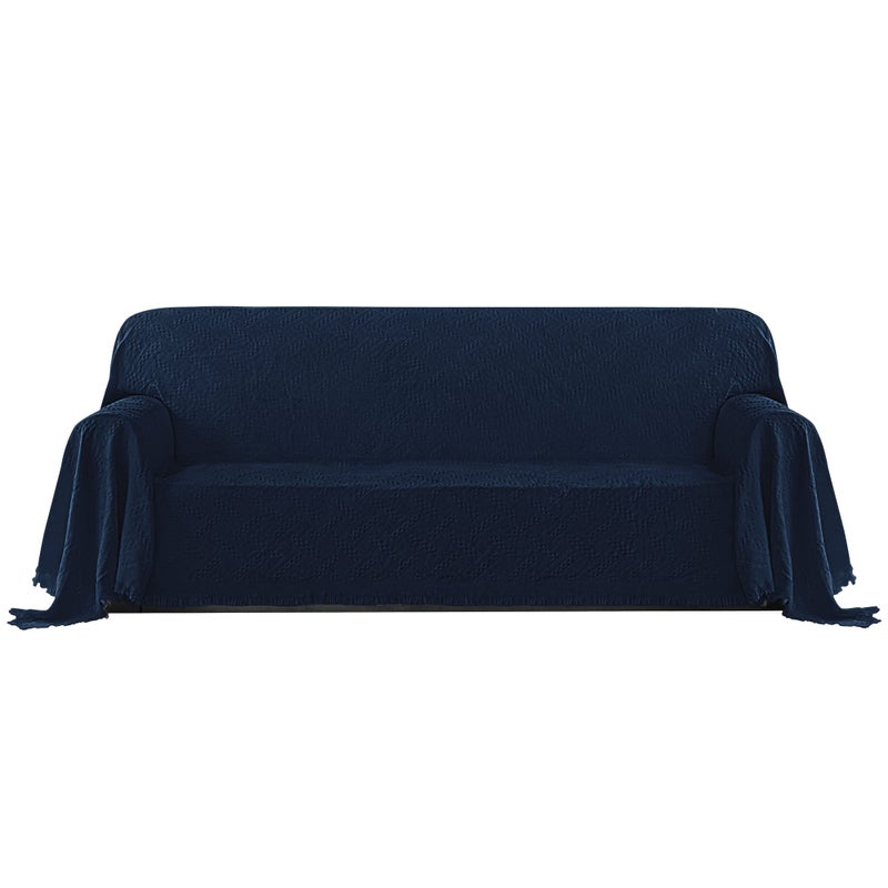 PureFit Geometric Jacquard Throw Sofa Cover - Textured Soft Washable Decorative Couch Covers for 3 Cushion Couch  Throw Cover with Tassels Furniture Protector for Pets  Kids (X-Large  Navy) - Image 1