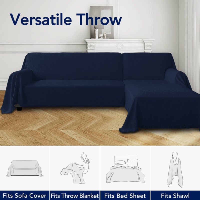 PureFit Geometric Jacquard Throw Sofa Cover - Textured Soft Washable Decorative Couch Covers for 3 Cushion Couch  Throw Cover with Tassels Furniture Protector for Pets  Kids (X-Large  Navy) - Image 3