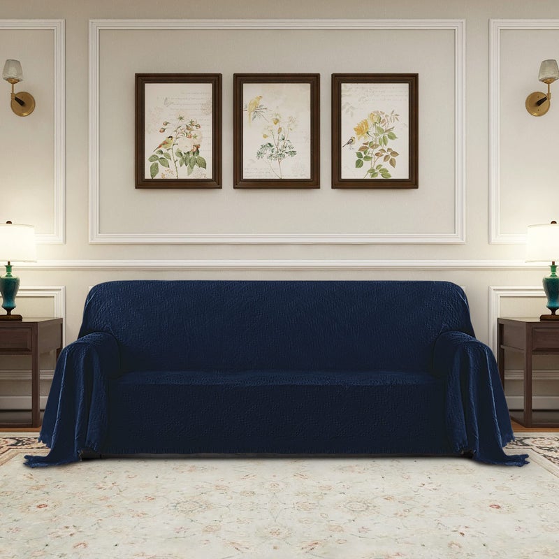 PureFit Geometric Jacquard Throw Sofa Cover - Textured Soft Washable Decorative Couch Covers for 3 Cushion Couch  Throw Cover with Tassels Furniture Protector for Pets  Kids (X-Large  Navy) - Image 2