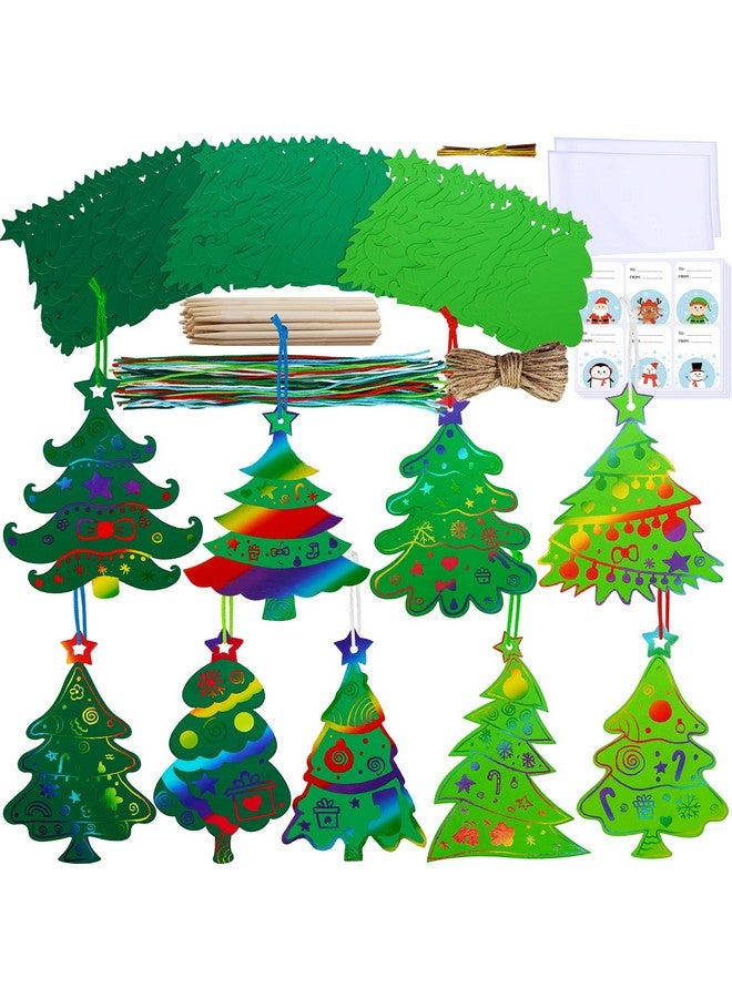Winlyn 54 Sets 9 Styles Magic Color Scratch Green Christmas Tree Ornaments Christmas Rainbow Scratch Art Decorations Christmas Craft Kits For Kids Classroom Activities Winter Season Party Favors - Image 1